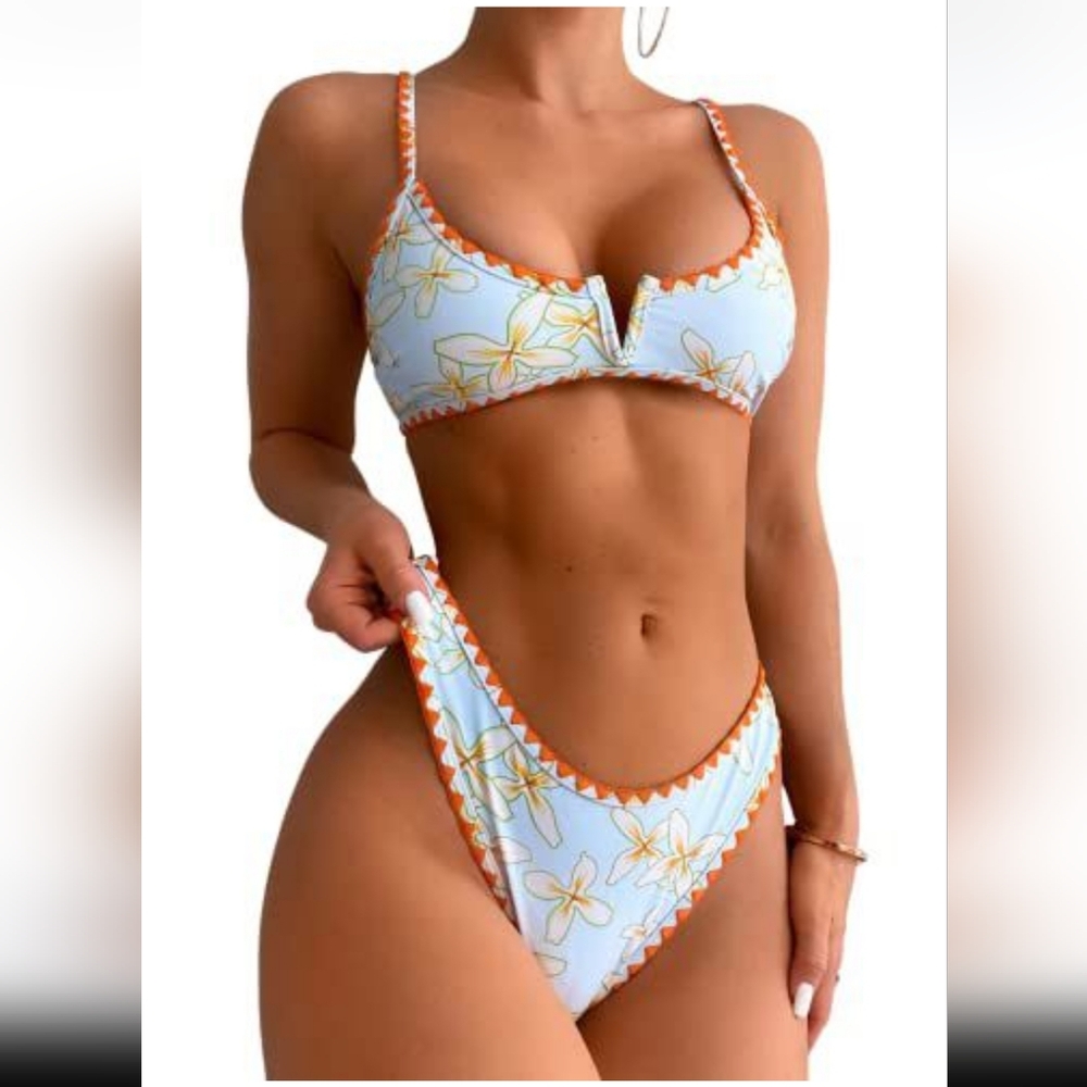 Zaful - Orange Blue and White Bikini Set with Decorative Trim